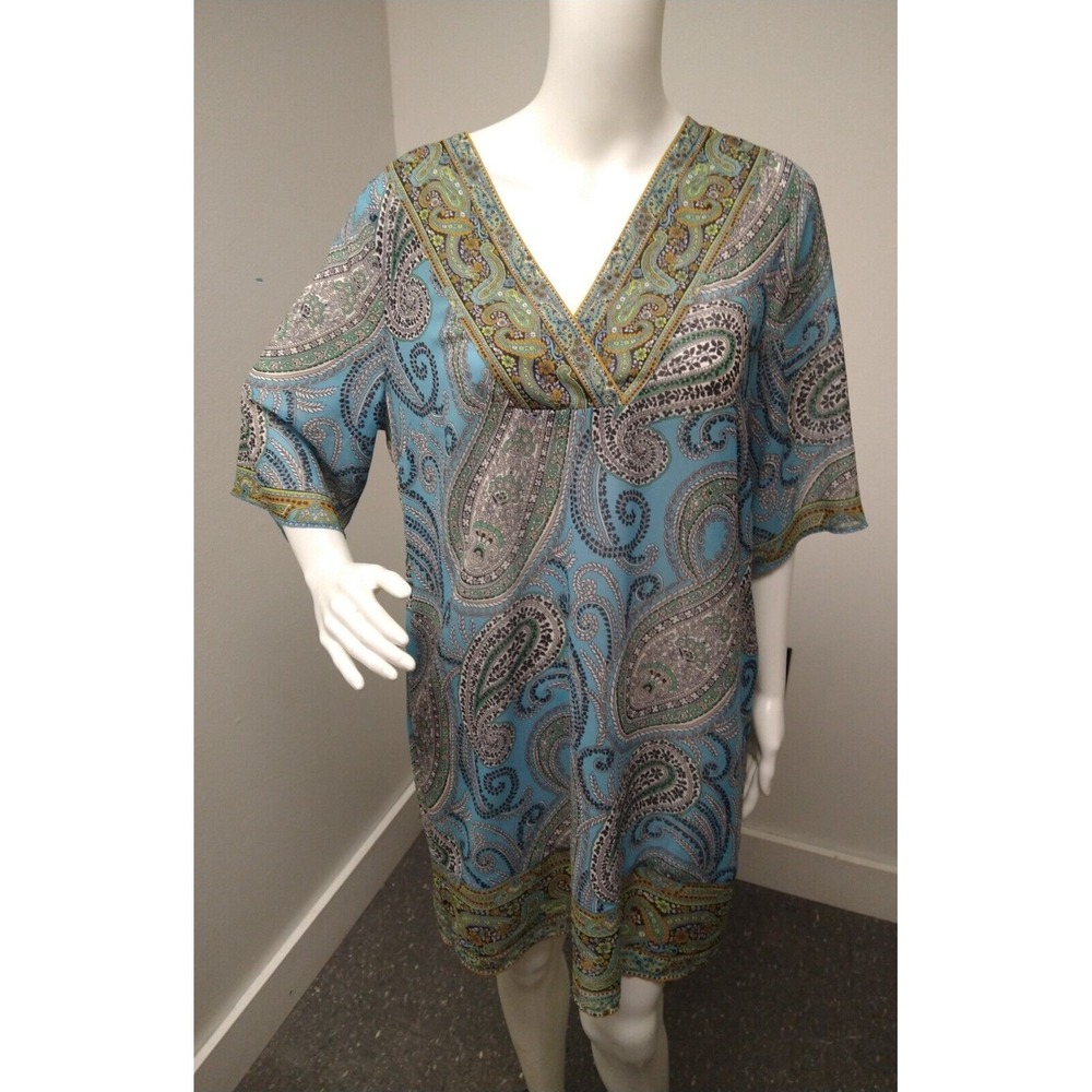 Soft Surroundings Paisley Tunic Dress Womens PM -W/ 3/4 Sleeves Blue Green Silk